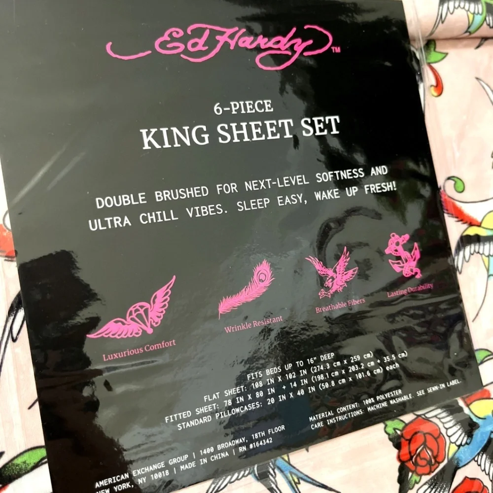 Ed Hardy King 6-Piece Sheet Set Americana Tattoo Skull Rose Swallow Print NWT